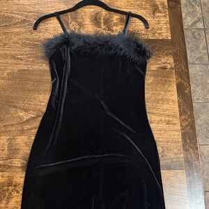 Y2K Black Velvet Dress with Feather Trim